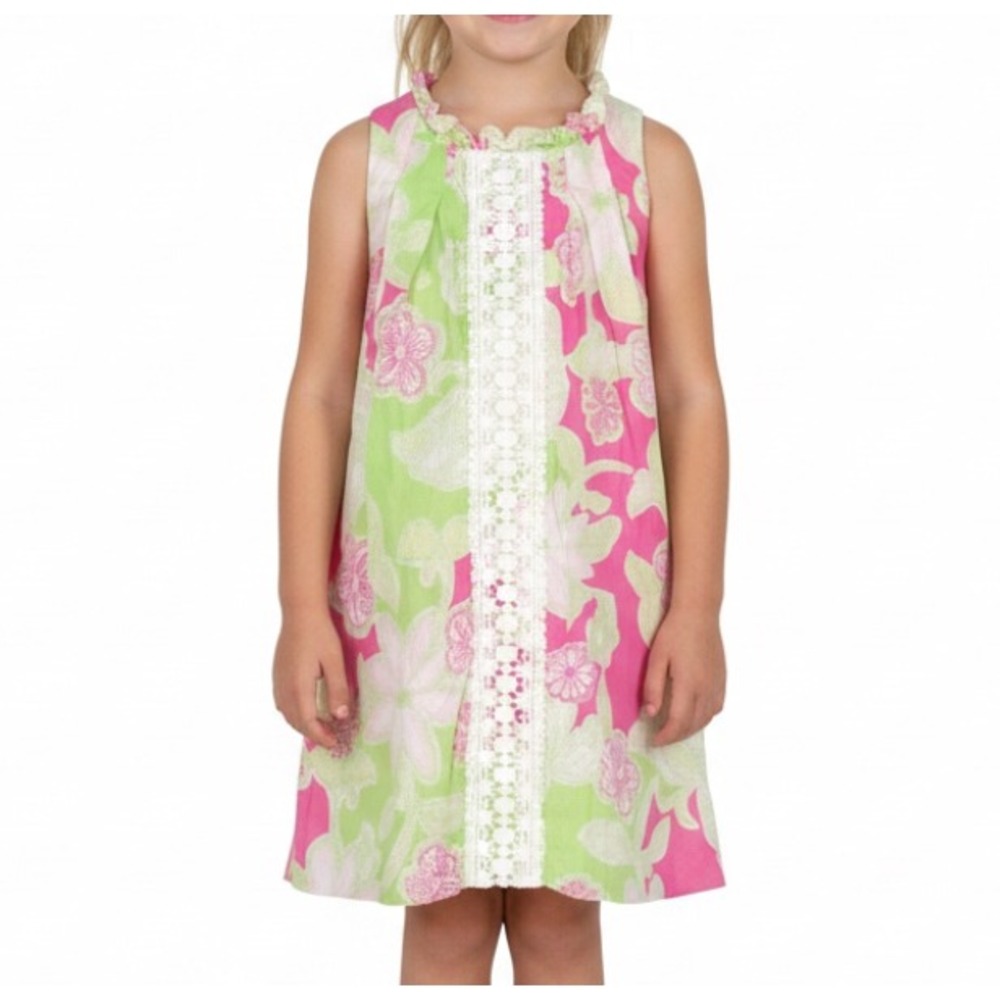 Vtg LILLY PULITZER Flossie Dress GREEN/PINK Floral TWILL Crochet Lace A-LINE 8